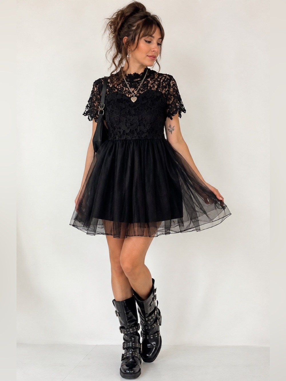 Vintage Romantic Lace Tulle Mini Dress | Black | Size Small